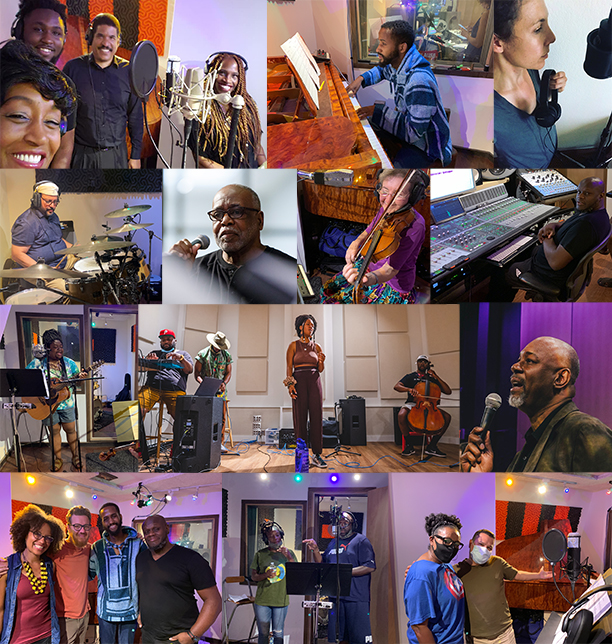Composite of thirteen photos featuring two dozen people posing, singing, and playing instruments in recording studios.