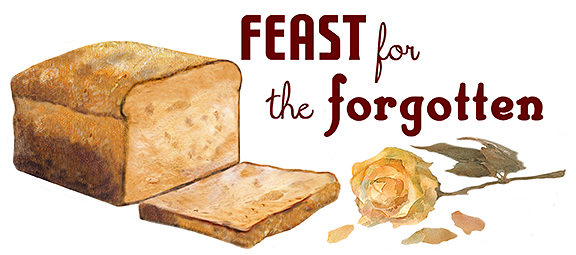 Logo - watercolor of a sliced loaf of bread beside a yellow rose and petals, below brown text "feast for the forgotten"